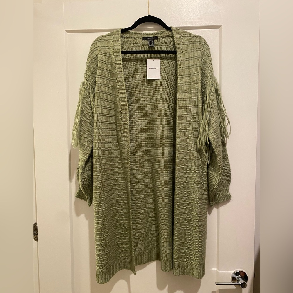 Forever 21 olive green woven cardigan with fringe along the sleeves and back